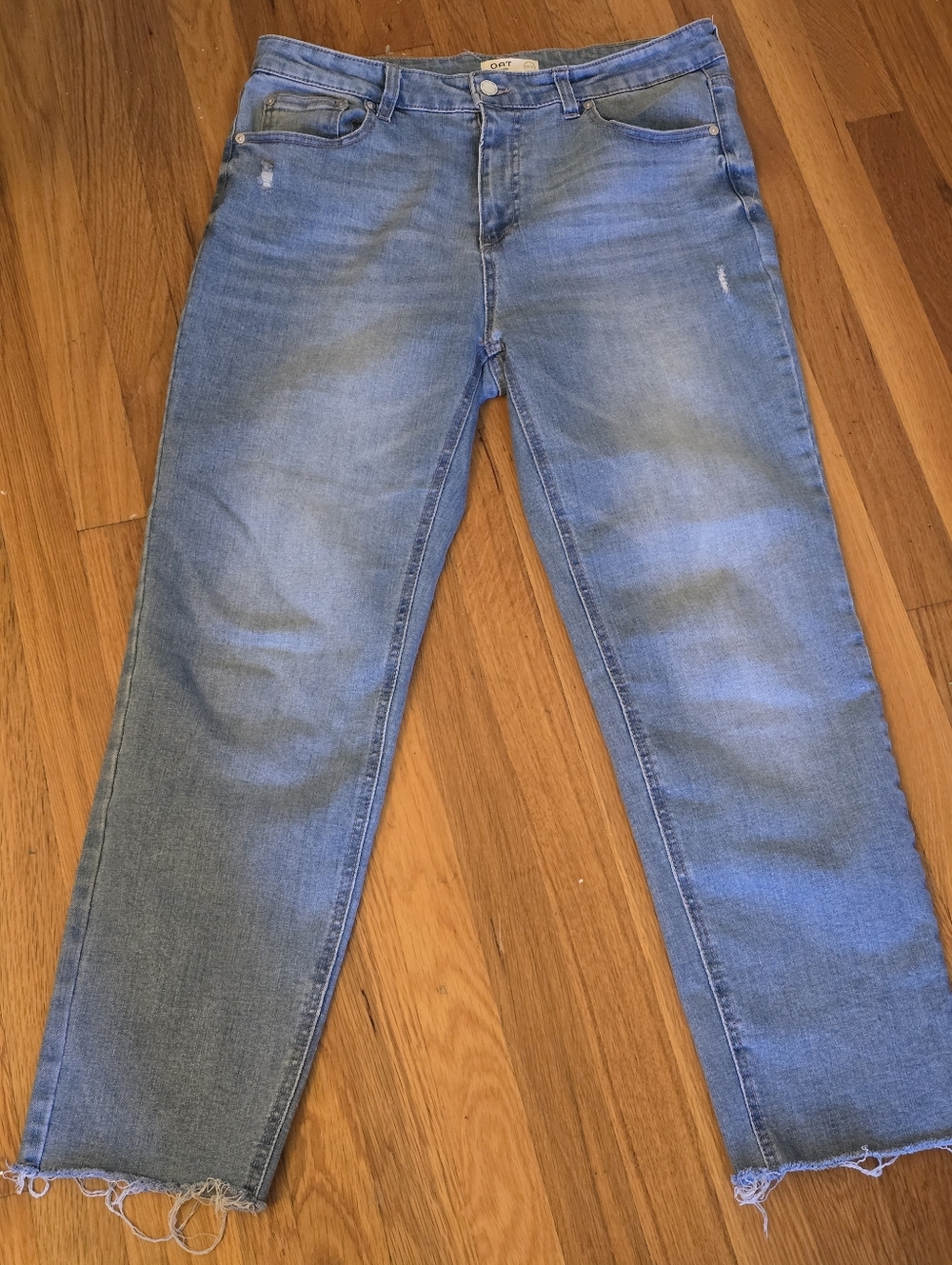 OAT New York High Rise Straight Jeans Size 12/31 Light Wash Distressed Raw Hem